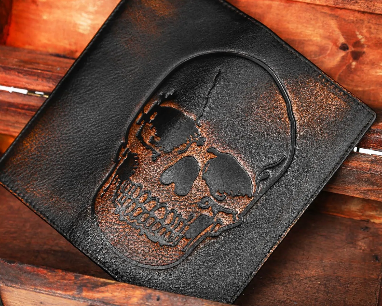 DK86 Skull Long Wallet For Men Full Grain Leather with Hand Burnished Rfid Blocking Rodeo Wallet Bifold Wallet Skull Wallet
