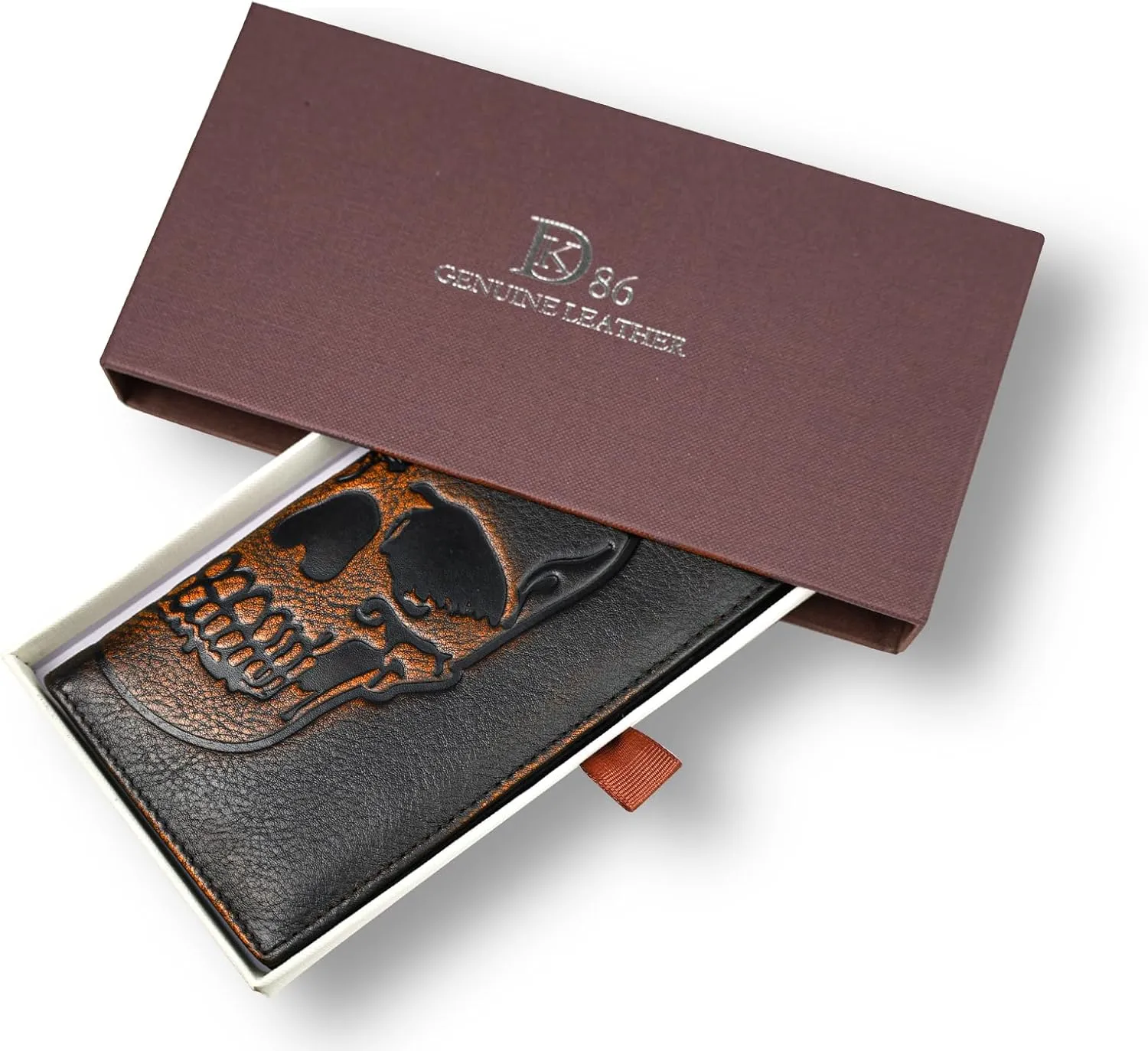 DK86 Skull Long Wallet For Men Full Grain Leather with Hand Burnished Rfid Blocking Rodeo Wallet Bifold Wallet Skull Wallet