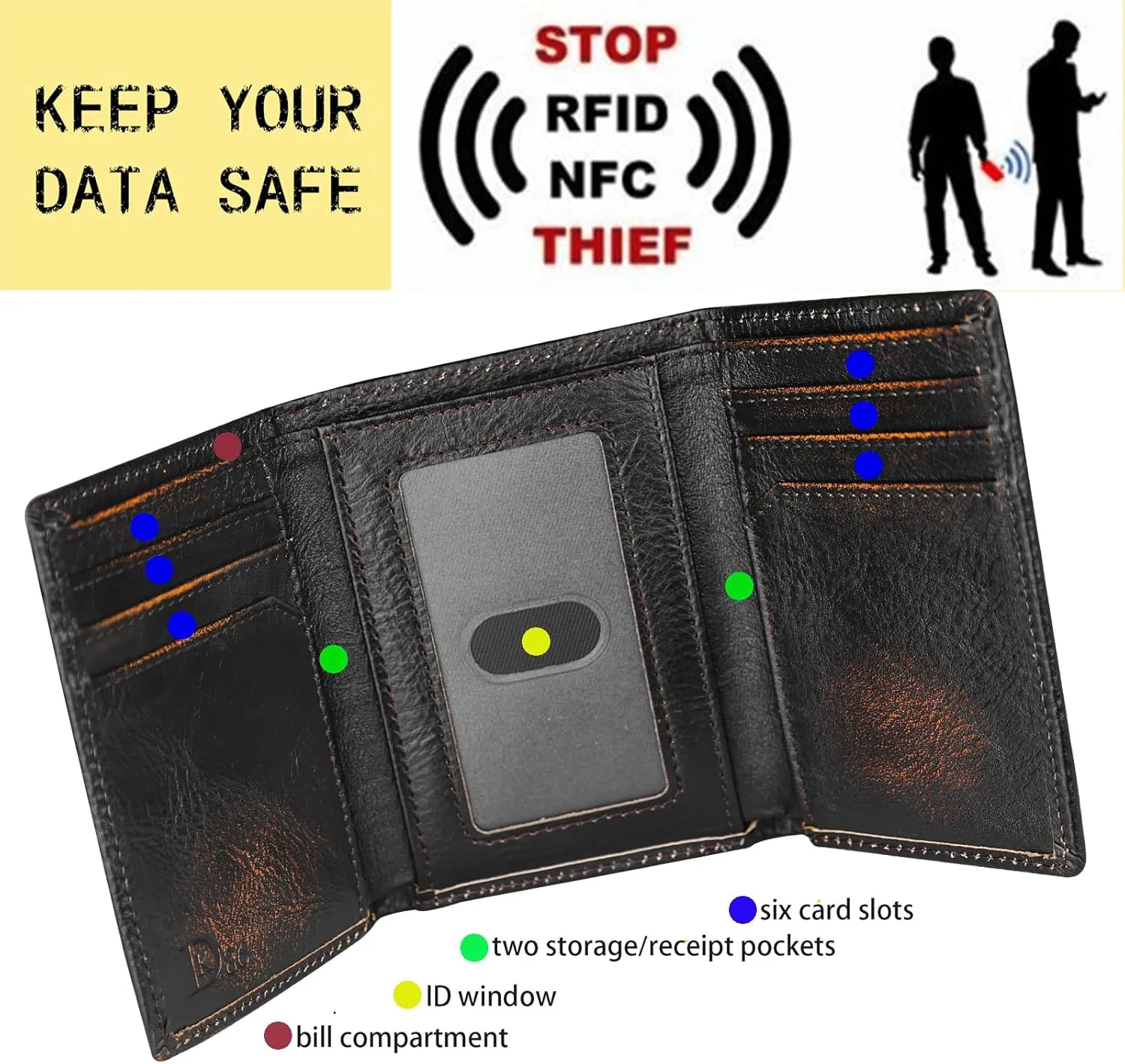 DK86 Trifold Wallets for Men Full Grain Leather with Hand Burnished Tri-Fold Wallet RFID Blocking (Black and Brown)