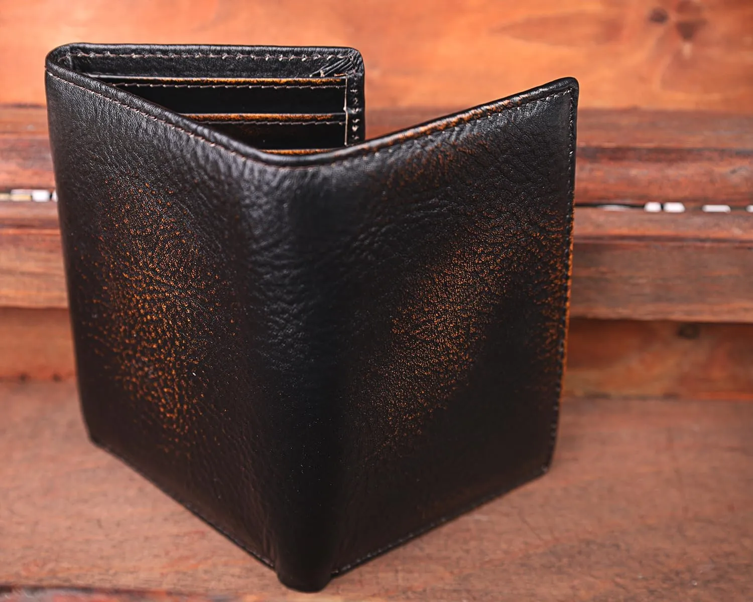 DK86 Trifold Wallets for Men Full Grain Leather with Hand Burnished Tri-Fold Wallet RFID Blocking (Black and Brown)