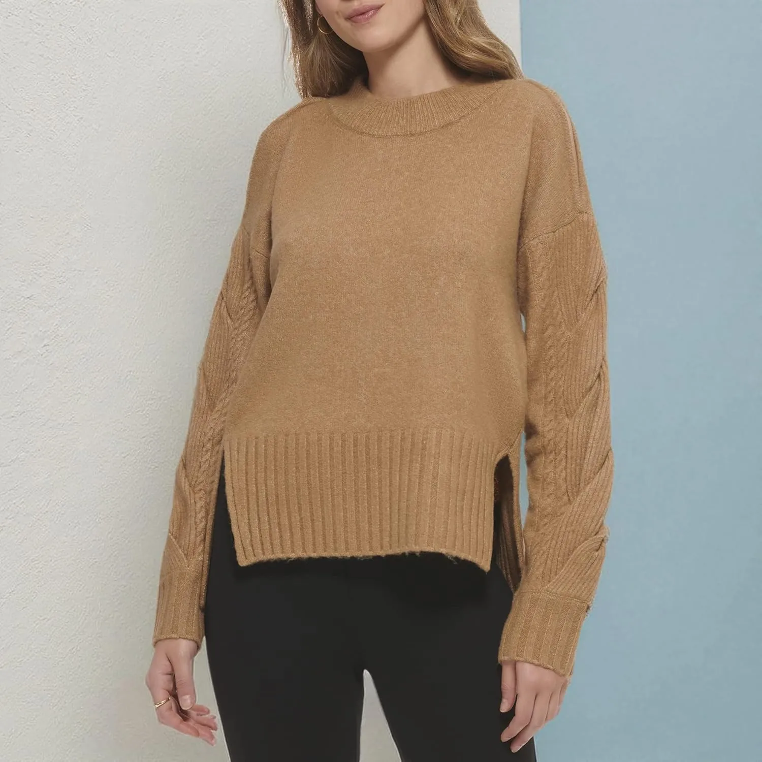 DKNY Women's Mock Neck Split Shoulder Cozy Sweater