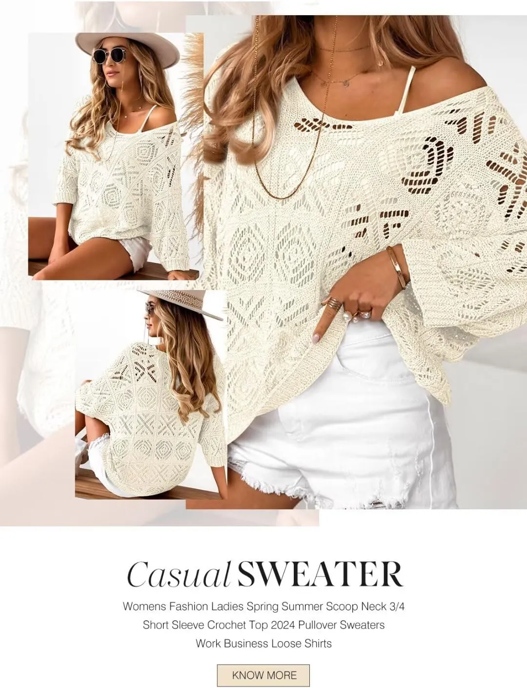 Dokotoo Women's 2025 Spring Summer Crochet Hollow Out 3/4 Sleeve Pullover Sweater Off Shoulder T-Shirts