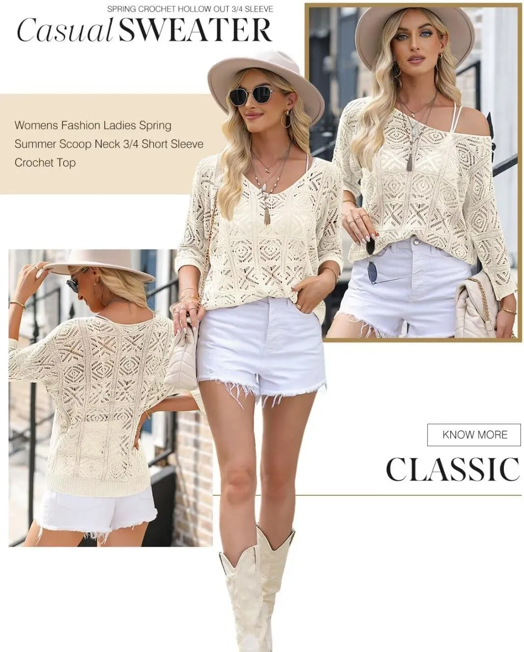 Dokotoo Women's 2025 Spring Summer Crochet Hollow Out 3/4 Sleeve Pullover Sweater Off Shoulder T-Shirts