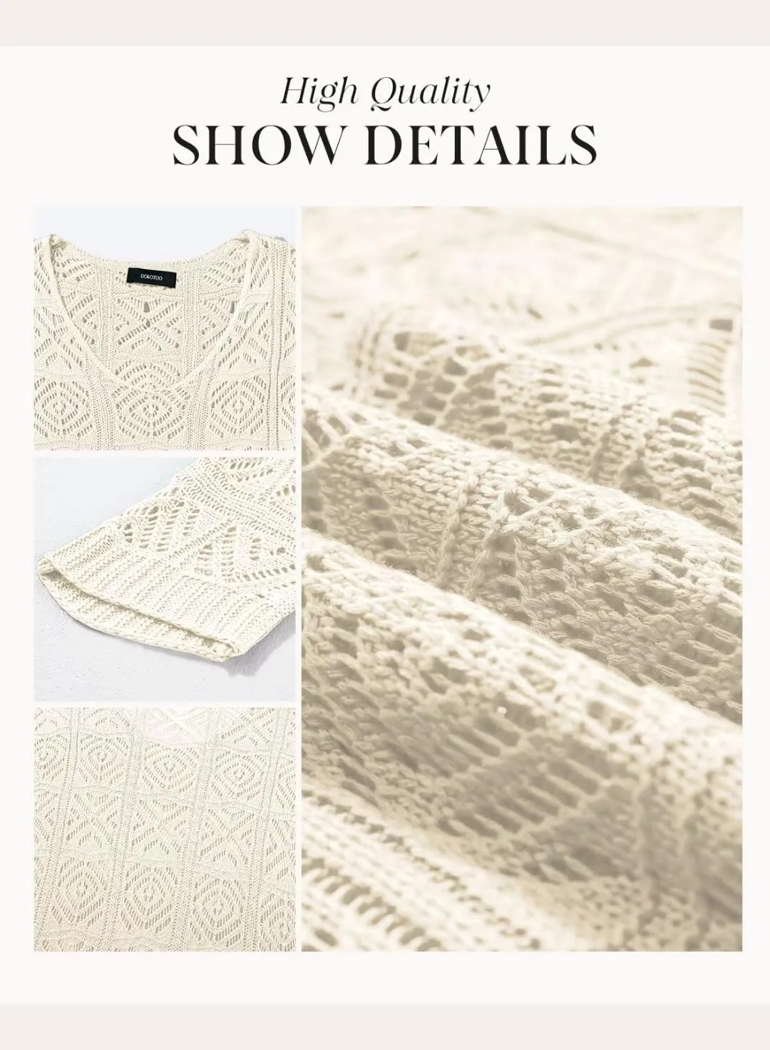 Dokotoo Women's 2025 Spring Summer Crochet Hollow Out 3/4 Sleeve Pullover Sweater Off Shoulder T-Shirts