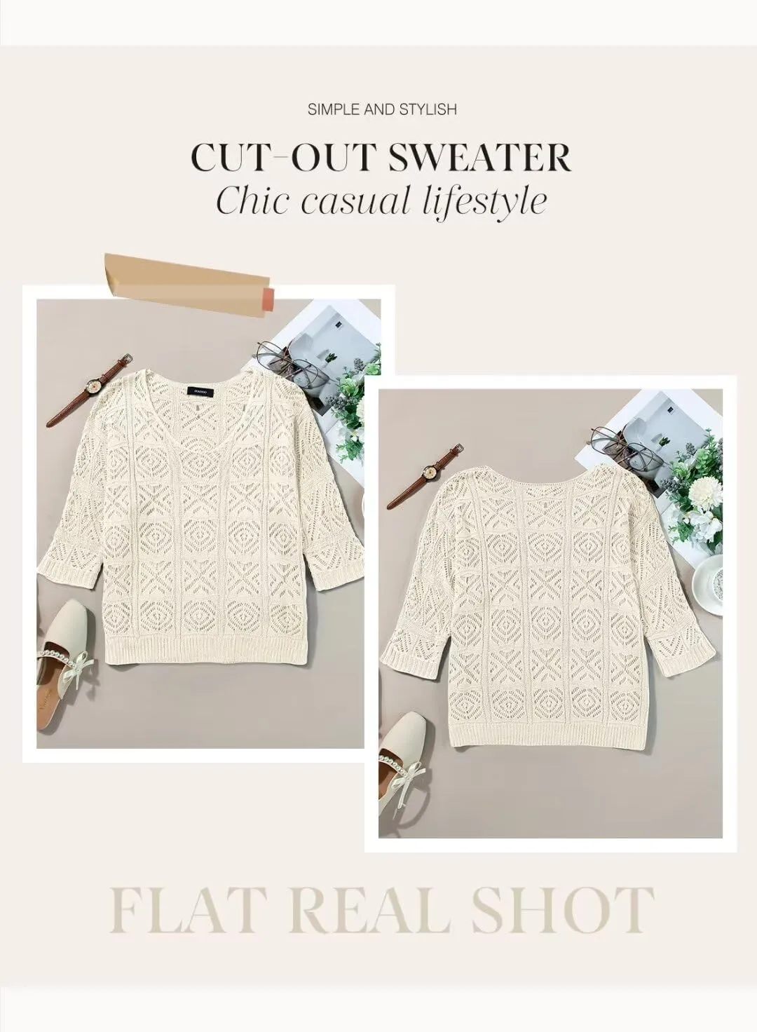 Dokotoo Women's 2025 Spring Summer Crochet Hollow Out 3/4 Sleeve Pullover Sweater Off Shoulder T-Shirts