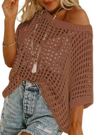 Dokotoo Womens Summer Scoop Neck Short Sleeve Sweater Casual Crochet Hollow Out Knit Tops Pullover Shirts Beach Coverup