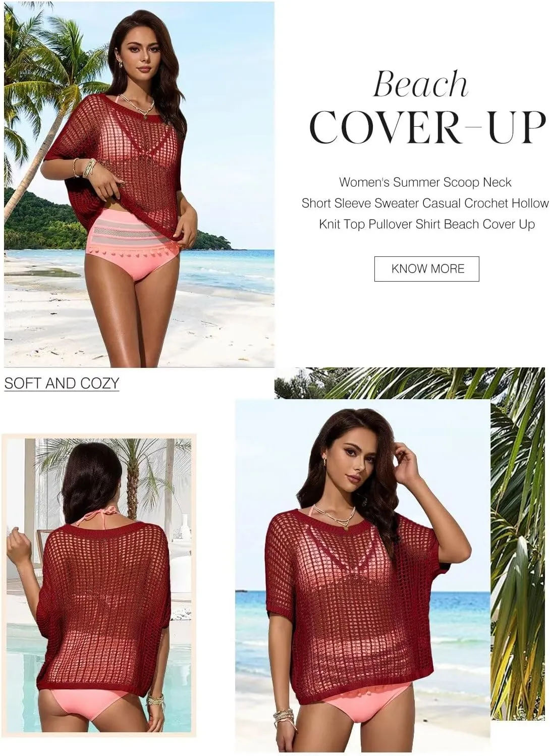 Dokotoo Womens Summer Scoop Neck Short Sleeve Sweater Casual Crochet Hollow Out Knit Tops Pullover Shirts Beach Coverup