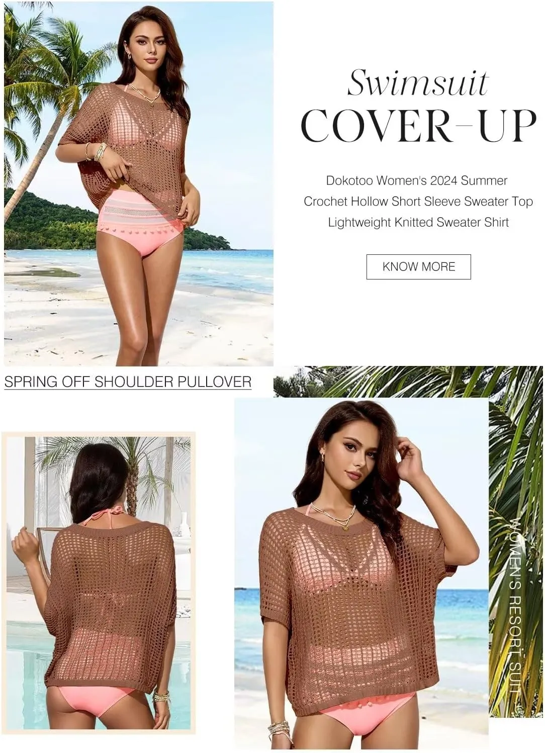 Dokotoo Womens Summer Scoop Neck Short Sleeve Sweater Casual Crochet Hollow Out Knit Tops Pullover Shirts Beach Coverup