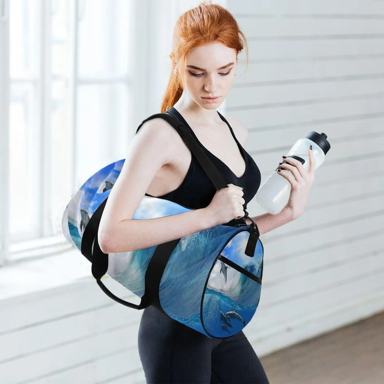 Dolphins Deep Underwater Blue Sea Portable Gym Bag, Travel Bag, Luggage bag, Sports Bag, Toiletry Bag with Handles, Detachable Shoulder Strap 17.6 x 9 x 9 inch