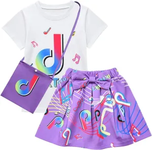 D.O.T 3pcs Tic Toc Girl Skirt Sets T Shirt Top Bowknot Skirt with Bag Outfits