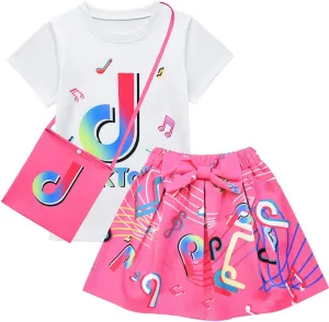 D.O.T 3pcs Tic Toc Girl Skirt Sets T Shirt Top Bowknot Skirt with Bag Outfits
