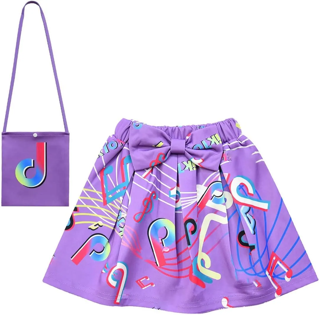 D.O.T 3pcs Tic Toc Girl Skirt Sets T Shirt Top Bowknot Skirt with Bag Outfits