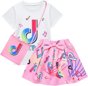 D.O.T 3pcs Tic Toc Girl Skirt Sets T Shirt Top Bowknot Skirt with Bag Outfits