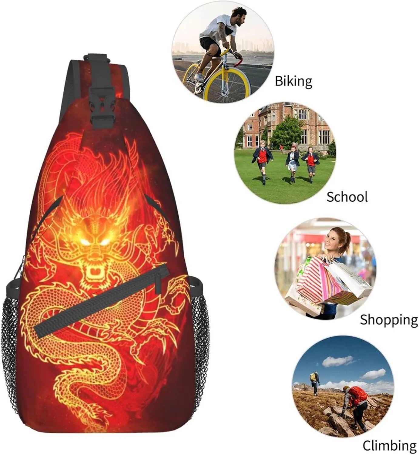 Dragon Shoulder Bag Mens Sling Backpack Daypack Casual Backpack Hiking Bag Cool Backpack Bag