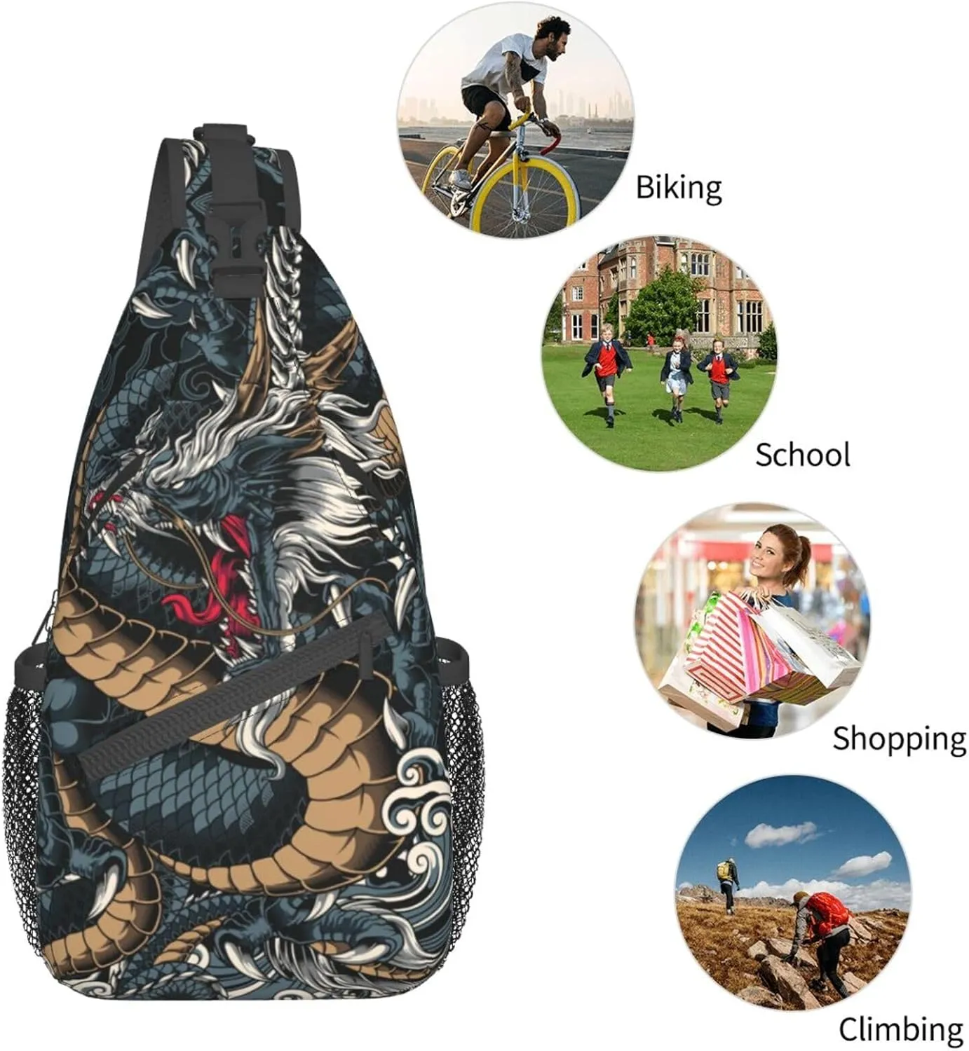 Dragon Shoulder Bag Mens Sling Backpack Daypack Casual Backpack Hiking Bag Cool Backpack Bag