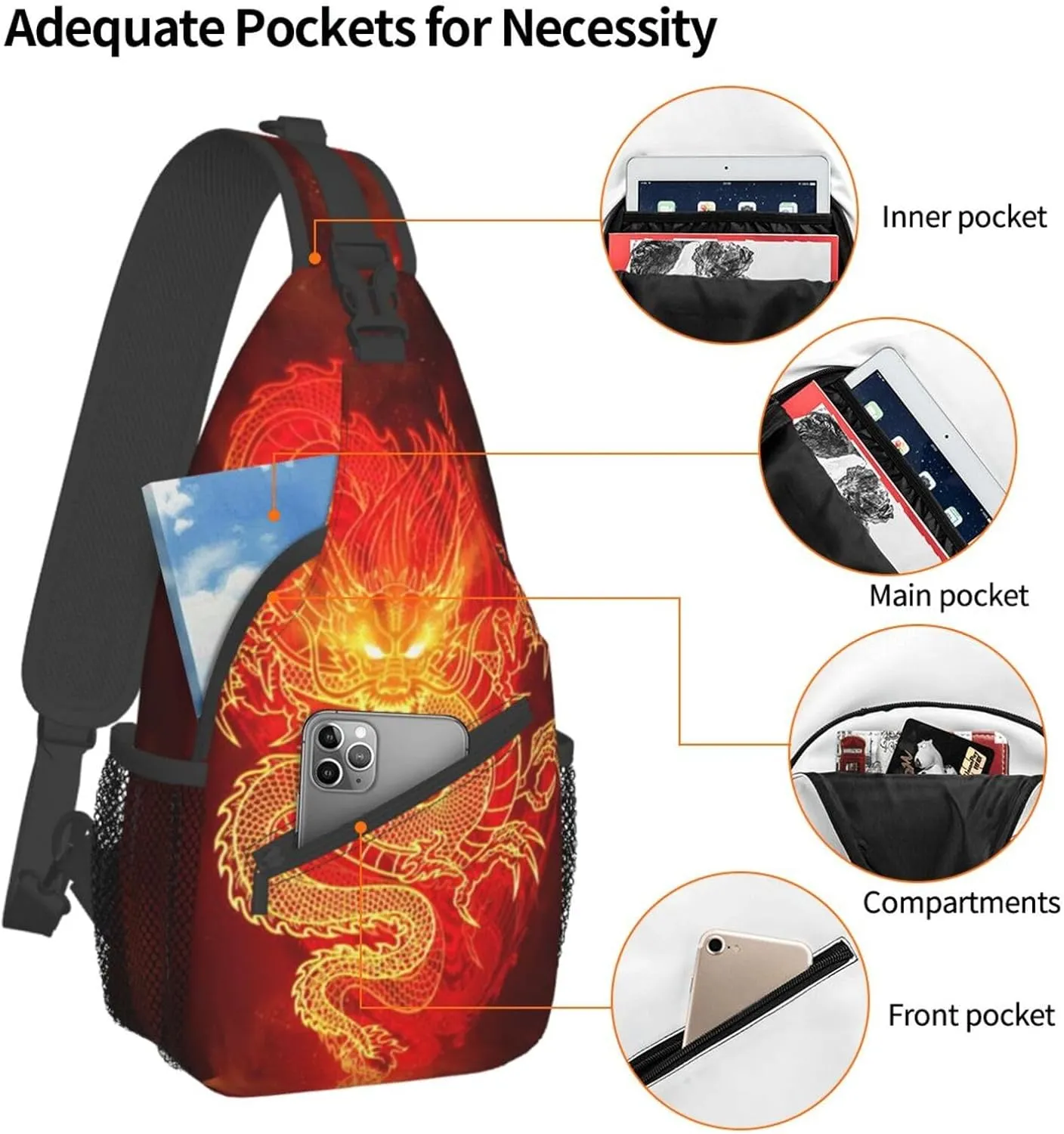 Dragon Shoulder Bag Mens Sling Backpack Daypack Casual Backpack Hiking Bag Cool Backpack Bag