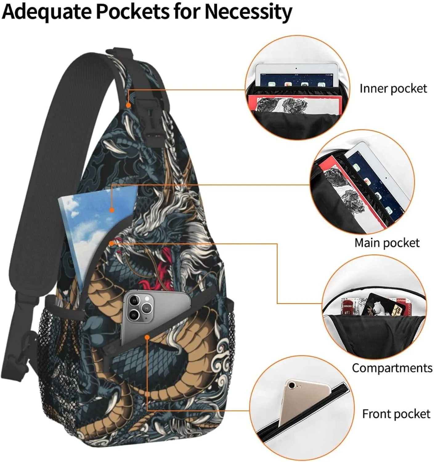 Dragon Shoulder Bag Mens Sling Backpack Daypack Casual Backpack Hiking Bag Cool Backpack Bag