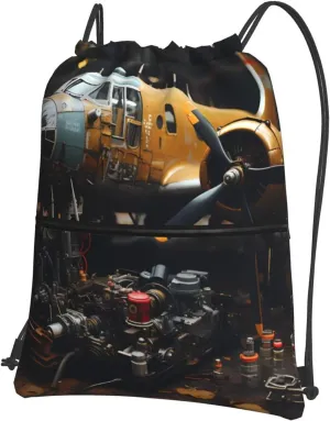 Drawstring Backpack with Zip Pockets, Old Mechanical Aircraft Print Lightweight string Bag Travel Gym Sack, Hiking, Yoga