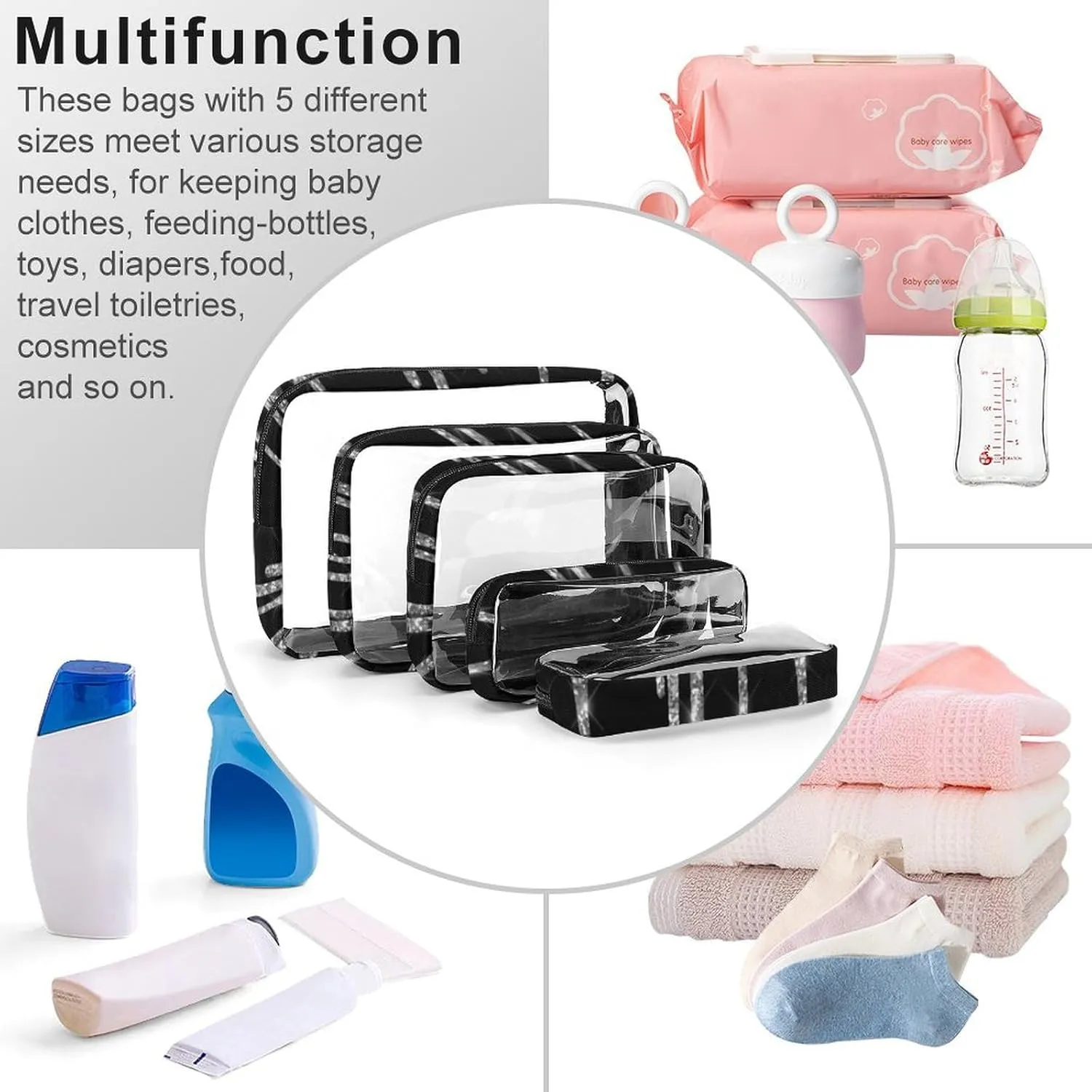 Drips Sparkle Black Transparent Storage Bag, 5-piece Makeup Bag Set White-style