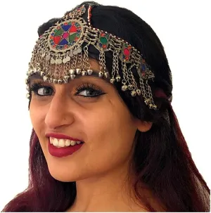 Duel On Jewel Ertuğrul Halima Turkish Kayi Tribal Afghan Kuchi Headpiece with Antique Finish Beads, Multicolor Stones, and Medallion Centerpiece - Costume Party Belly Dancing Gifts - Turkman Afghan