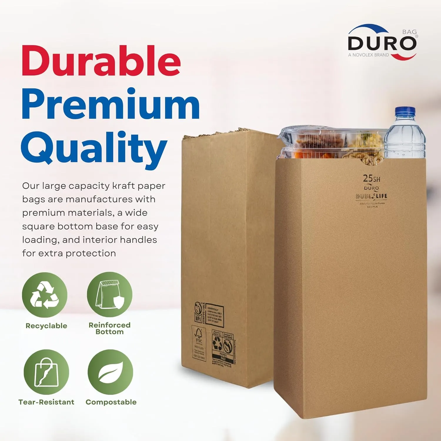 Duro 25# SH Brown Paper Bags Bulk (500 Count), 8.25 x 6.12 x 15.87- Large Grocery Bags for Retail, Craft, Deli, Bread, Sturdy Paper Sacks for Food To Go