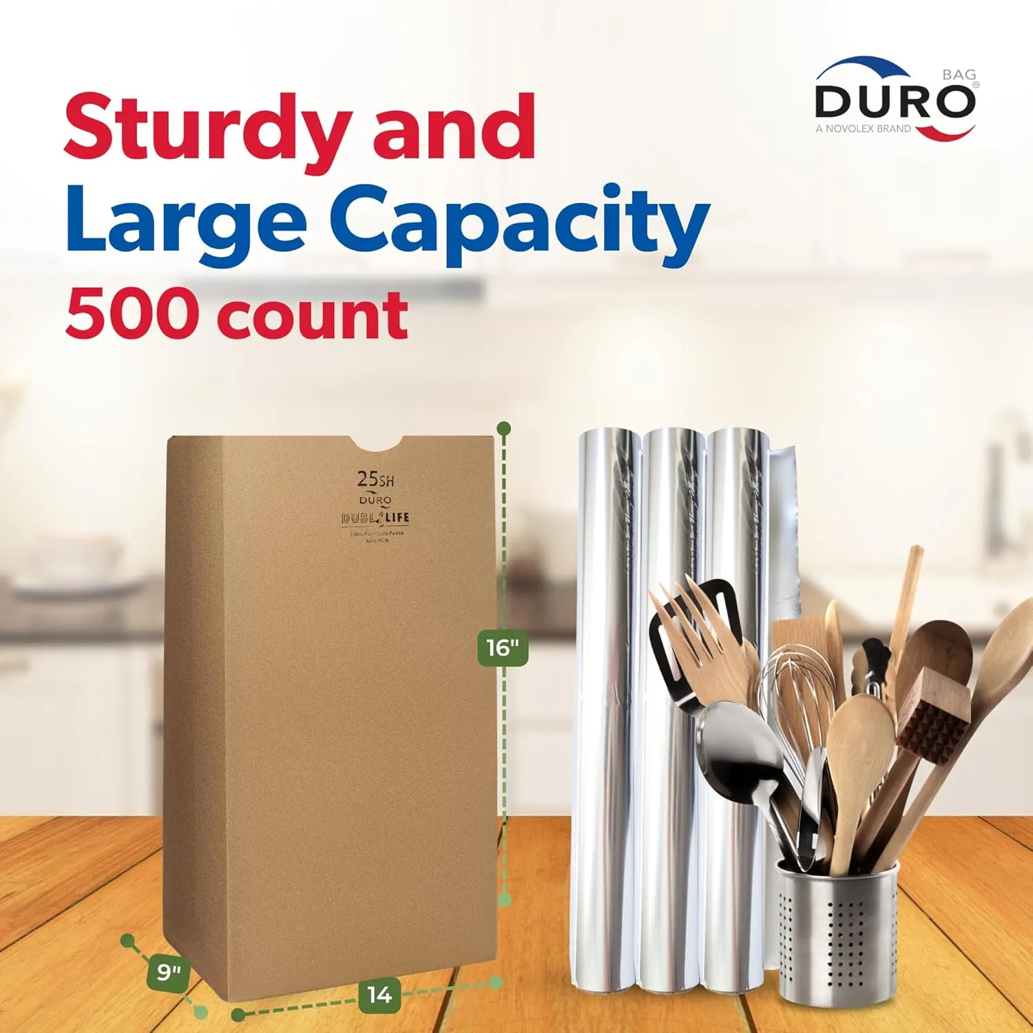 Duro 25# SH Brown Paper Bags Bulk (500 Count), 8.25 x 6.12 x 15.87- Large Grocery Bags for Retail, Craft, Deli, Bread, Sturdy Paper Sacks for Food To Go