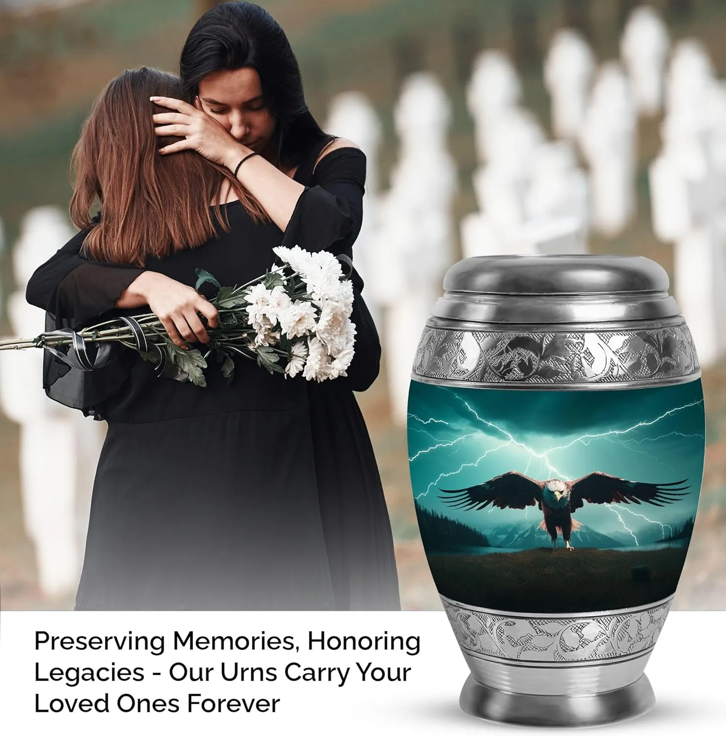 Eagle of The Storm - Eagle Urns for Human Ashes Adult Man - 10" Green Large Urn - Cremation Urns for Women - Burial Urn for Dad - Mom Memorial, Ash Holder (Include Velvet Bag)