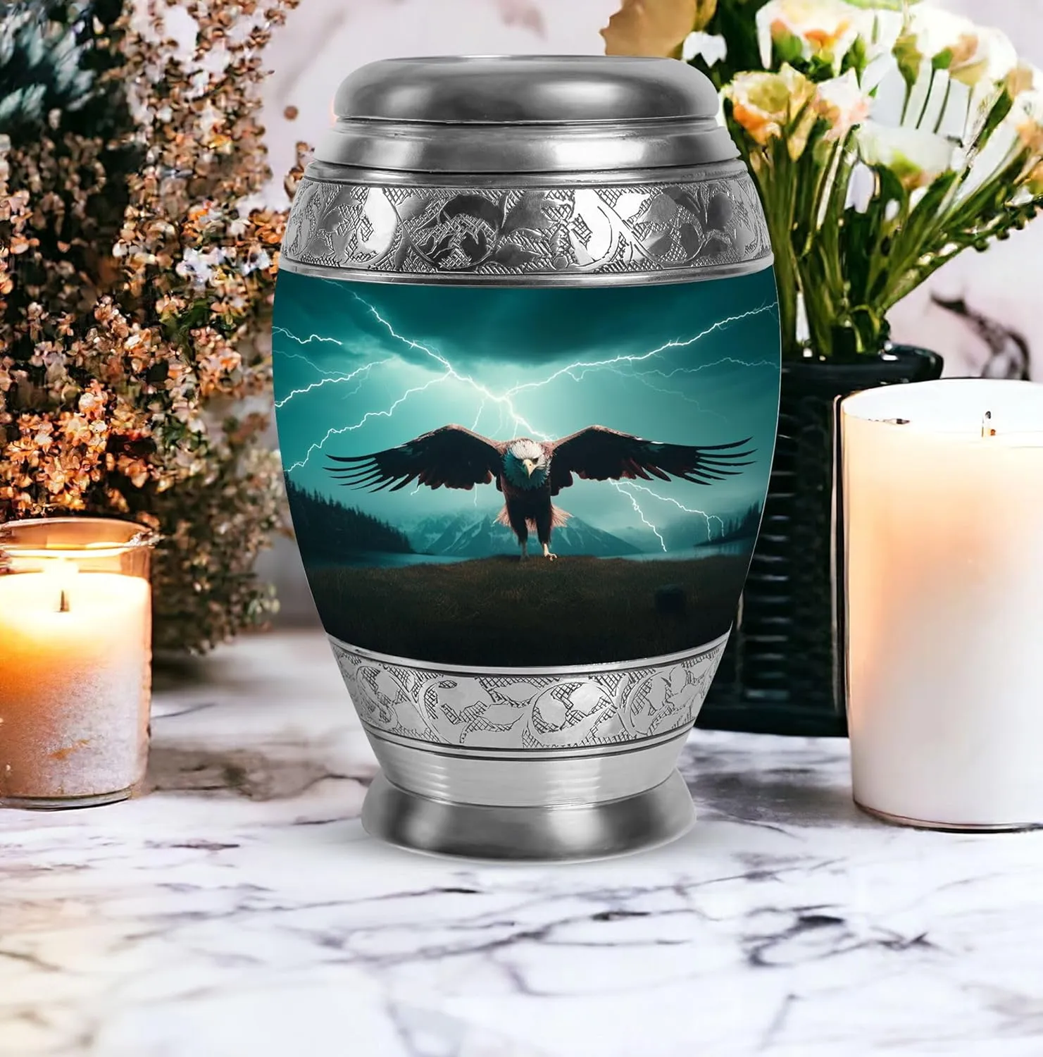 Eagle of The Storm - Eagle Urns for Human Ashes Adult Man - 10" Green Large Urn - Cremation Urns for Women - Burial Urn for Dad - Mom Memorial, Ash Holder (Include Velvet Bag)