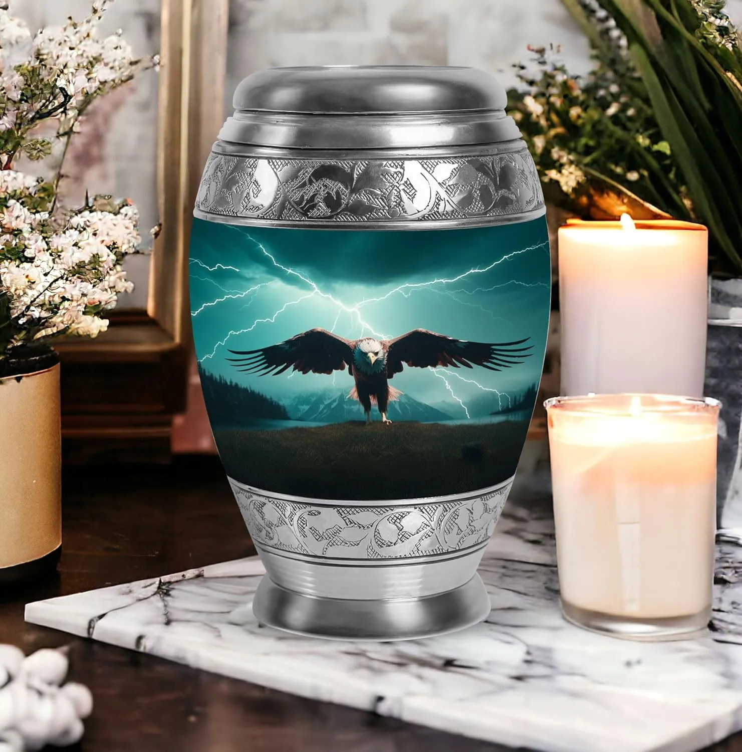 Eagle of The Storm - Eagle Urns for Human Ashes Adult Man - 10" Green Large Urn - Cremation Urns for Women - Burial Urn for Dad - Mom Memorial, Ash Holder (Include Velvet Bag)