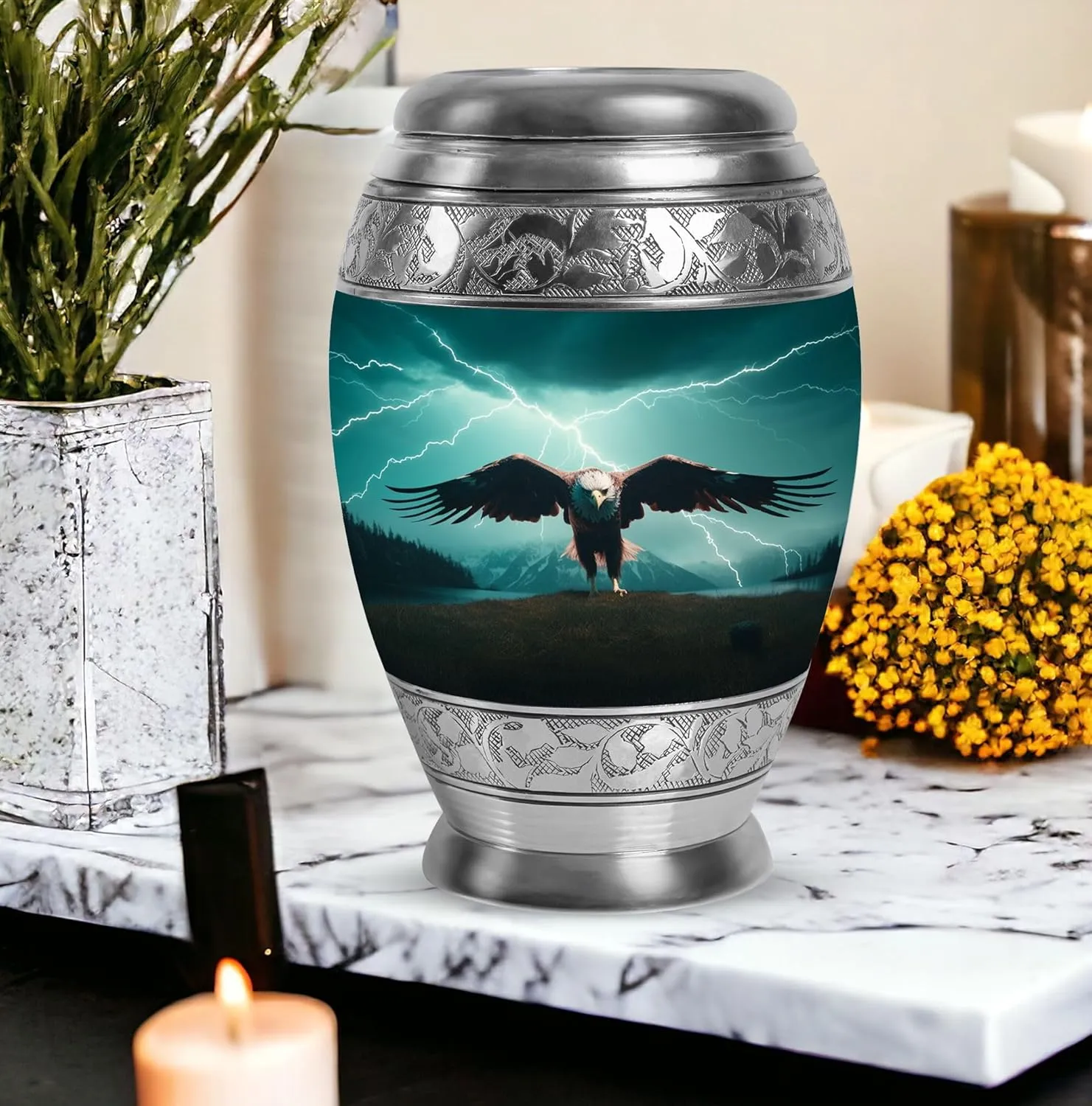 Eagle of The Storm - Eagle Urns for Human Ashes Adult Man - 10" Green Large Urn - Cremation Urns for Women - Burial Urn for Dad - Mom Memorial, Ash Holder (Include Velvet Bag)