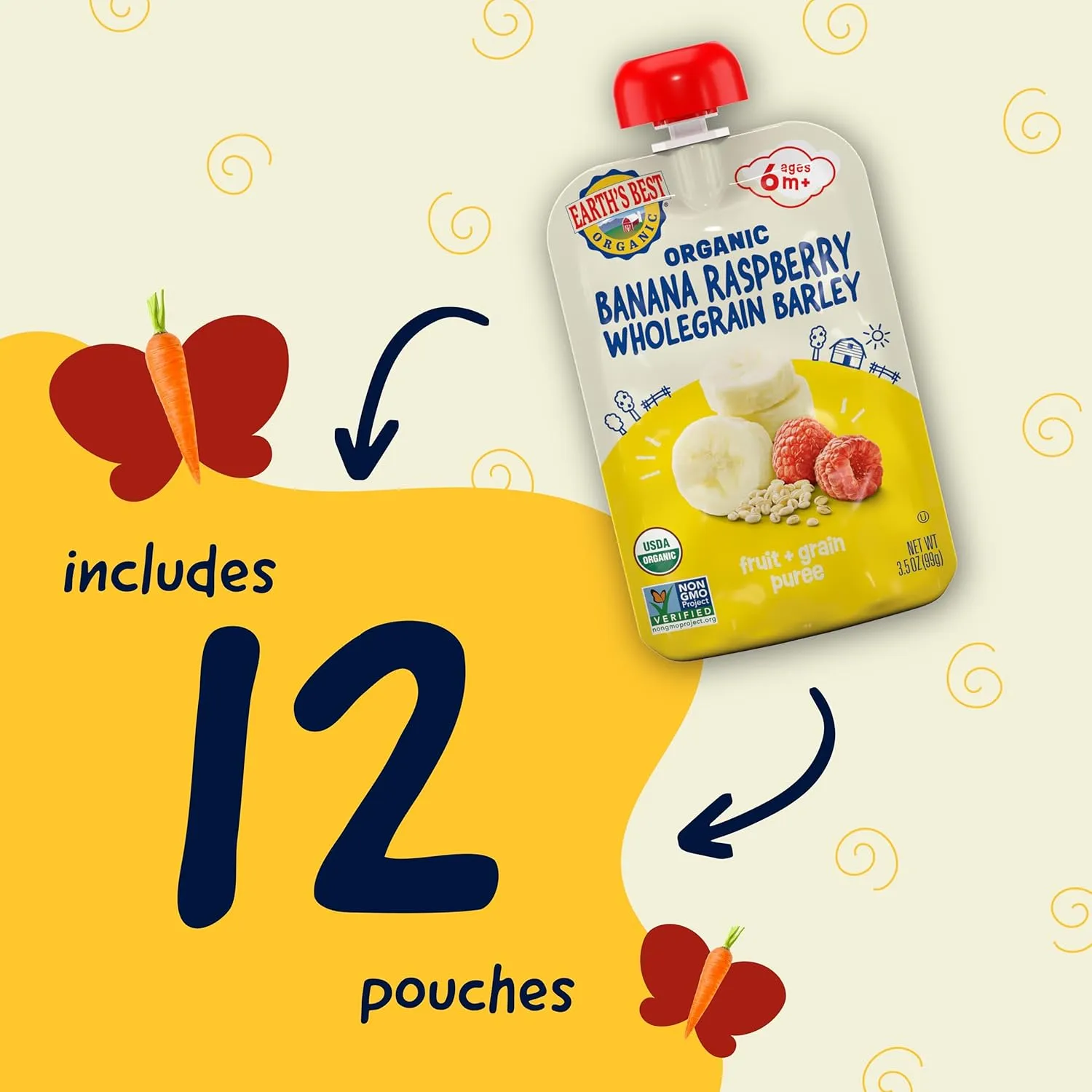 Earth's Best Organic Baby Food Pouches, Fruit and Grain Puree for Babies 6 Months and Older, Organic Banana Raspberry and Whole Grain Barley Puree, 3.5 oz Pouch (Pack of 12) (Packaging May Vary)