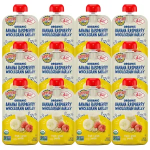 Earth's Best Organic Baby Food Pouches, Fruit and Grain Puree for Babies 6 Months and Older, Organic Banana Raspberry and Whole Grain Barley Puree, 3.5 oz Pouch (Pack of 12) (Packaging May Vary)