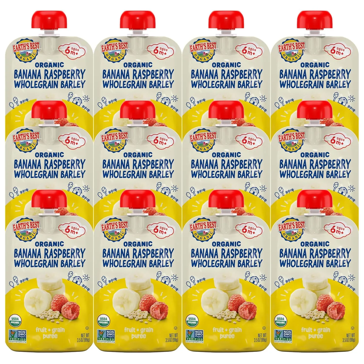 Earth's Best Organic Baby Food Pouches, Fruit and Grain Puree for Babies 6 Months and Older, Organic Banana Raspberry and Whole Grain Barley Puree, 3.5 oz Pouch (Pack of 12) (Packaging May Vary)