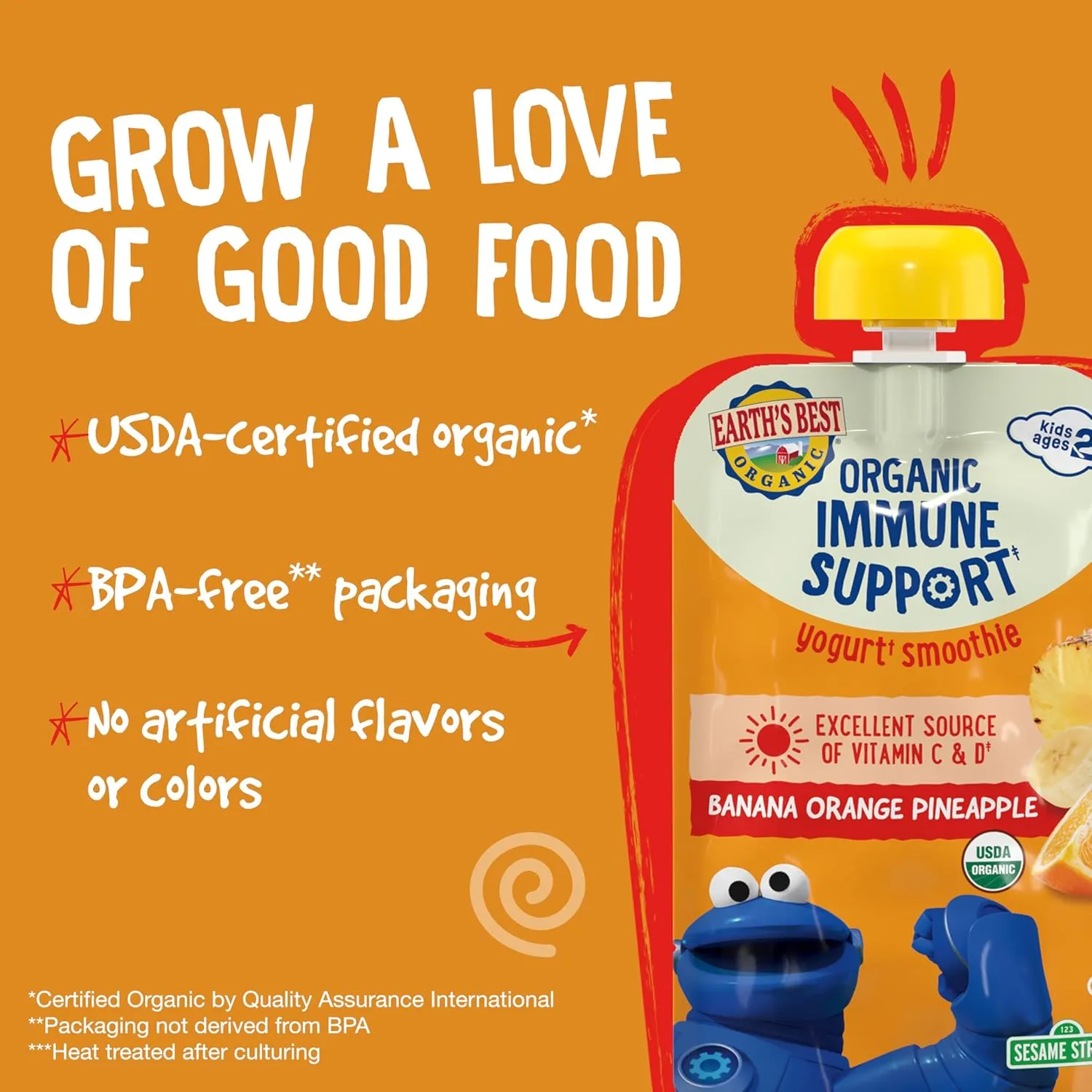 Earth's Best Organic Yogurt Smoothie Pouches, 24  Months, Immune Support Fruit Yogurt Smoothie for Toddlers 24 Months and Up, Banana Orange Pineapple, 4 Ounce Resealable Pouch (Pack of 12)