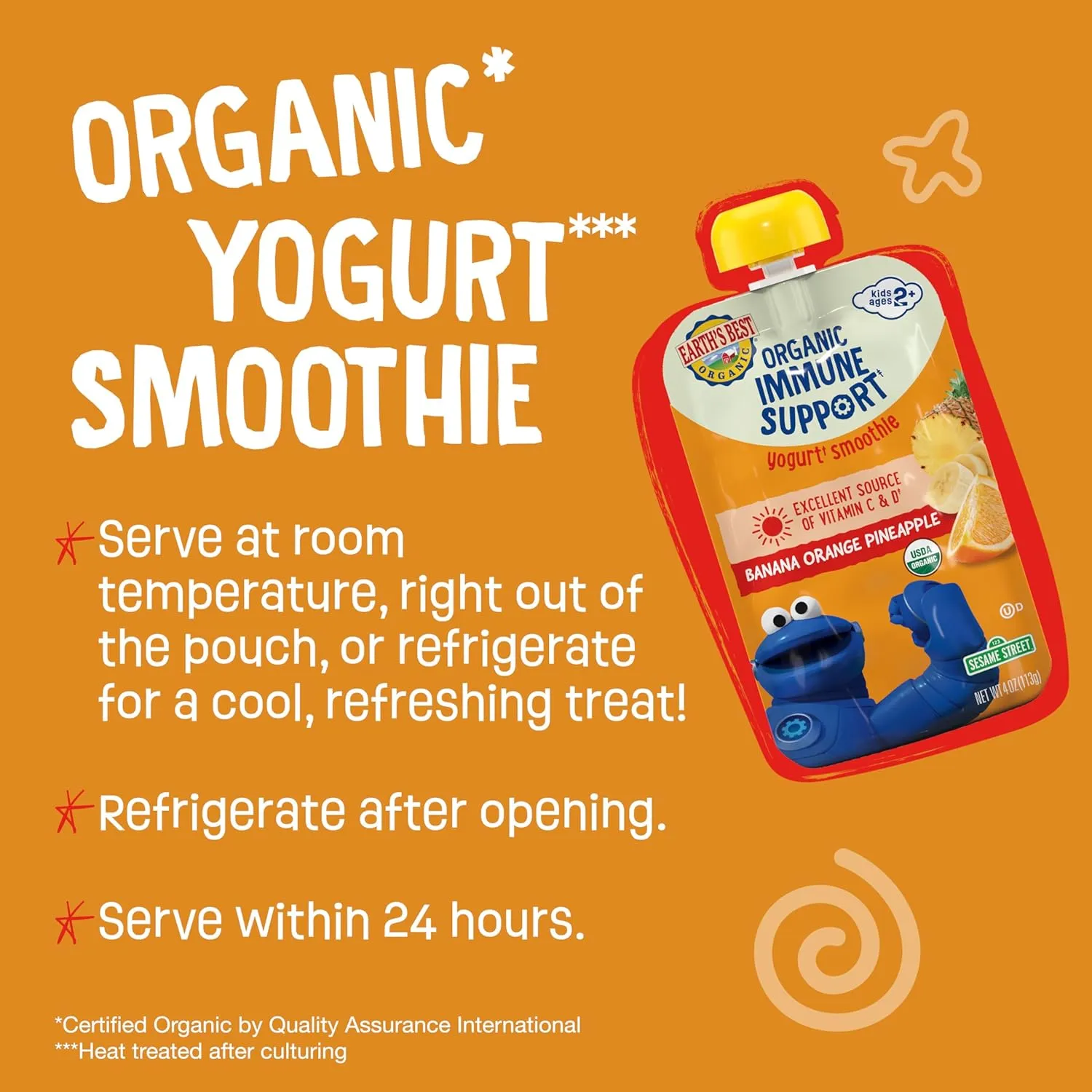 Earth's Best Organic Yogurt Smoothie Pouches, 24  Months, Immune Support Fruit Yogurt Smoothie for Toddlers 24 Months and Up, Banana Orange Pineapple, 4 Ounce Resealable Pouch (Pack of 12)