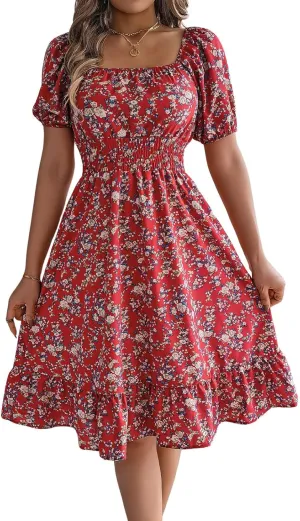 ebossy Women's Boho Summer Floral Dress Elastic High Waist Puff Sleeve Pleated Beach Party Mid Long Sundress