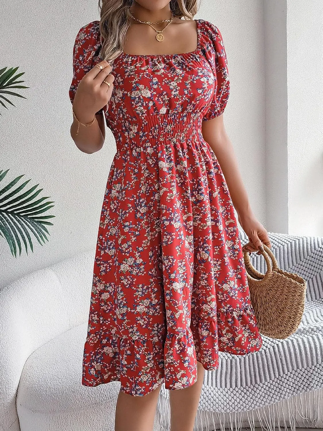 ebossy Women's Boho Summer Floral Dress Elastic High Waist Puff Sleeve Pleated Beach Party Mid Long Sundress