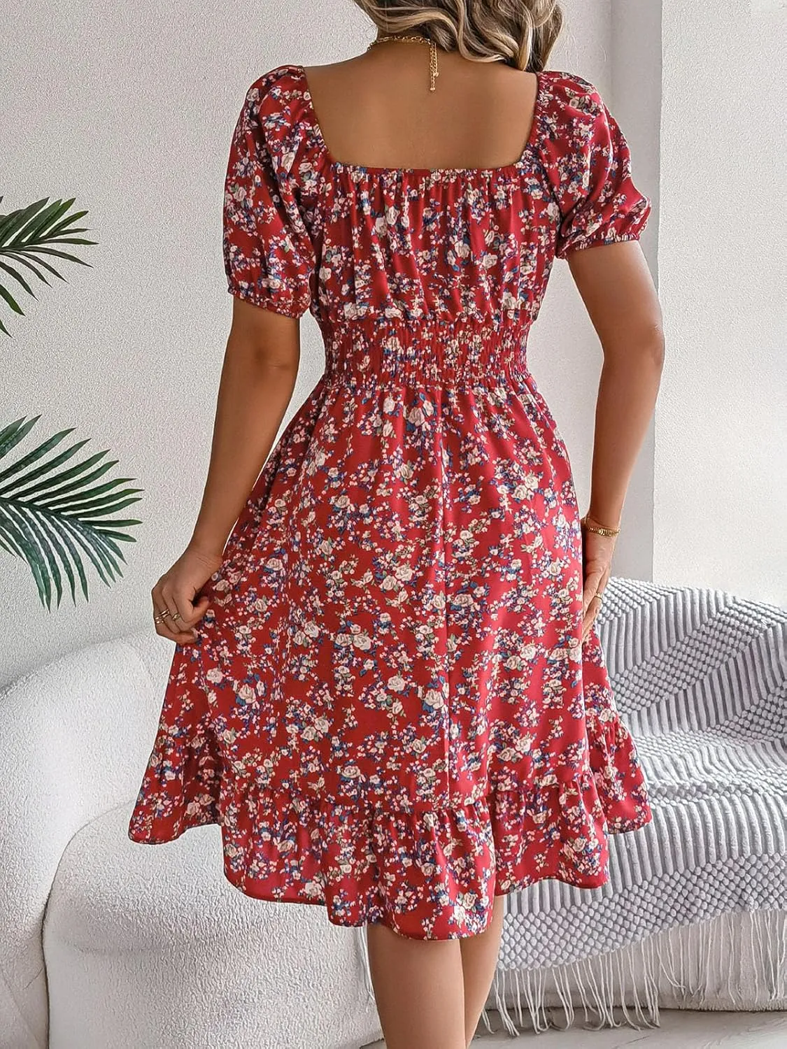 ebossy Women's Boho Summer Floral Dress Elastic High Waist Puff Sleeve Pleated Beach Party Mid Long Sundress