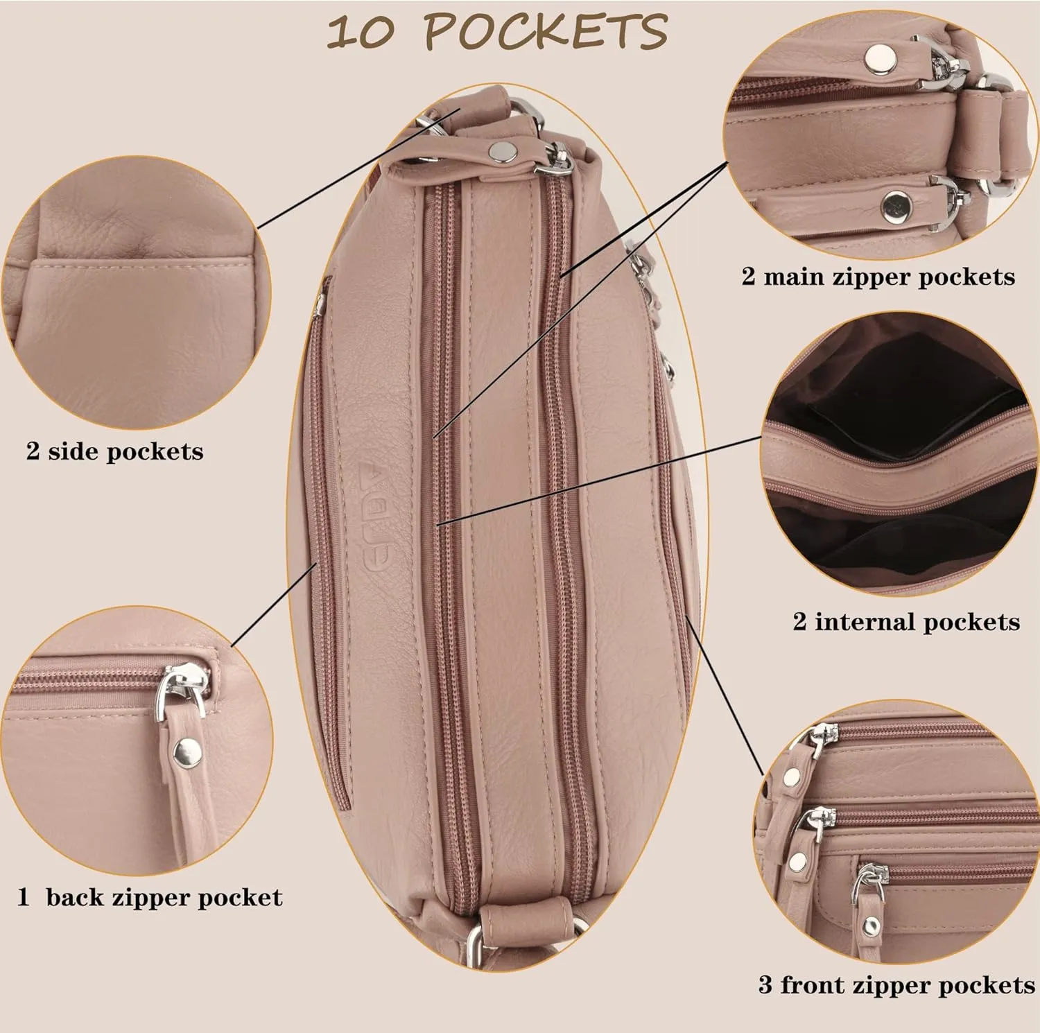 ELDA 10 Pockets Crossbody Purses for Women Medium Pocketbooks Lightweight Ladies Satchel Bag Multi Pocket Shoulder Handbag
