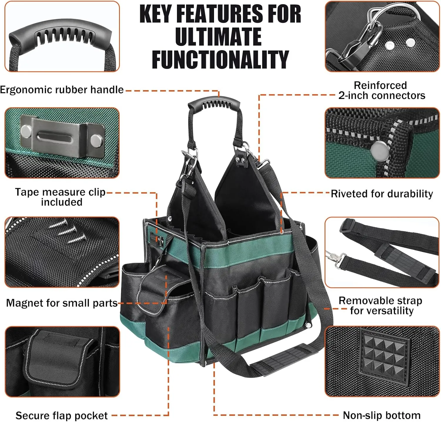 Electrician Tool Tote Bag 15 Inch – 25L Open Top Tool Tote with 22 Pockets, Shoulder Strap, Reflective Strips, 1680D Waterproof Fabric, Small Tool Bag Organizer for Men, Heavy Duty, Green