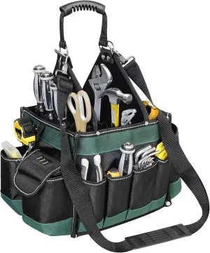 Electrician Tool Tote Bag 15 Inch – 25L Open Top Tool Tote with 22 Pockets, Shoulder Strap, Reflective Strips, 1680D Waterproof Fabric, Small Tool Bag Organizer for Men, Heavy Duty, Green