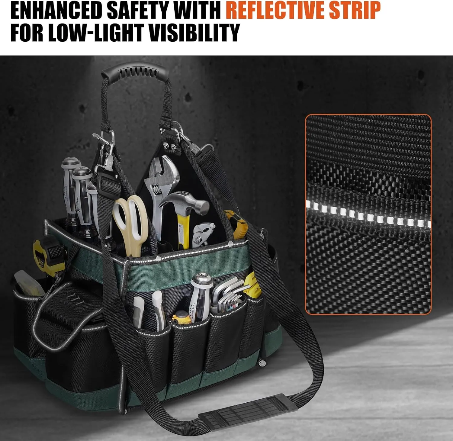 Electrician Tool Tote Bag 15 Inch – 25L Open Top Tool Tote with 22 Pockets, Shoulder Strap, Reflective Strips, 1680D Waterproof Fabric, Small Tool Bag Organizer for Men, Heavy Duty, Green