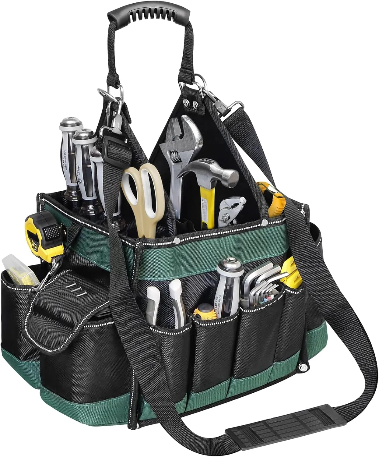 Electrician Tool Tote Bag 15 Inch – 25L Open Top Tool Tote with 22 Pockets, Shoulder Strap, Reflective Strips, 1680D Waterproof Fabric, Small Tool Bag Organizer for Men, Heavy Duty, Green