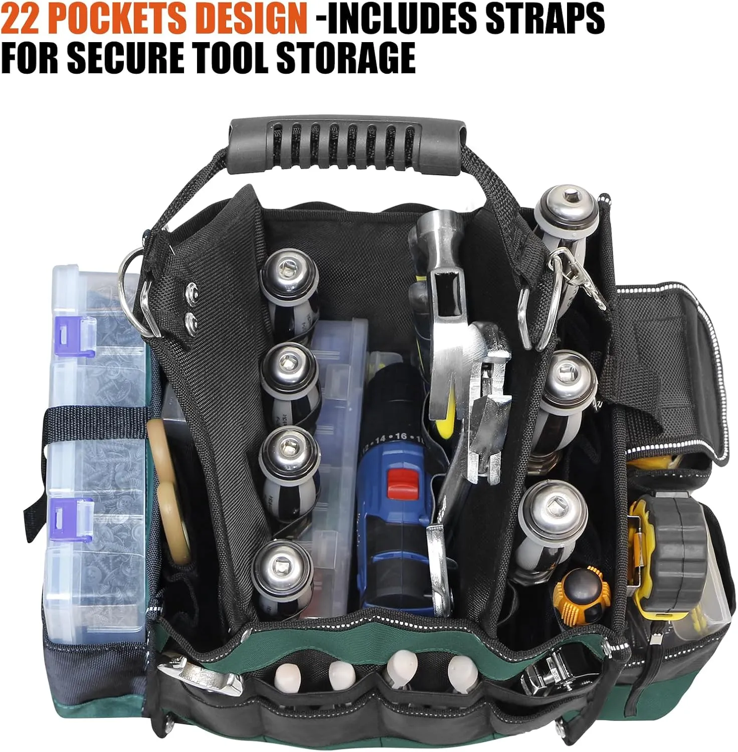 Electrician Tool Tote Bag 15 Inch – 25L Open Top Tool Tote with 22 Pockets, Shoulder Strap, Reflective Strips, 1680D Waterproof Fabric, Small Tool Bag Organizer for Men, Heavy Duty, Green