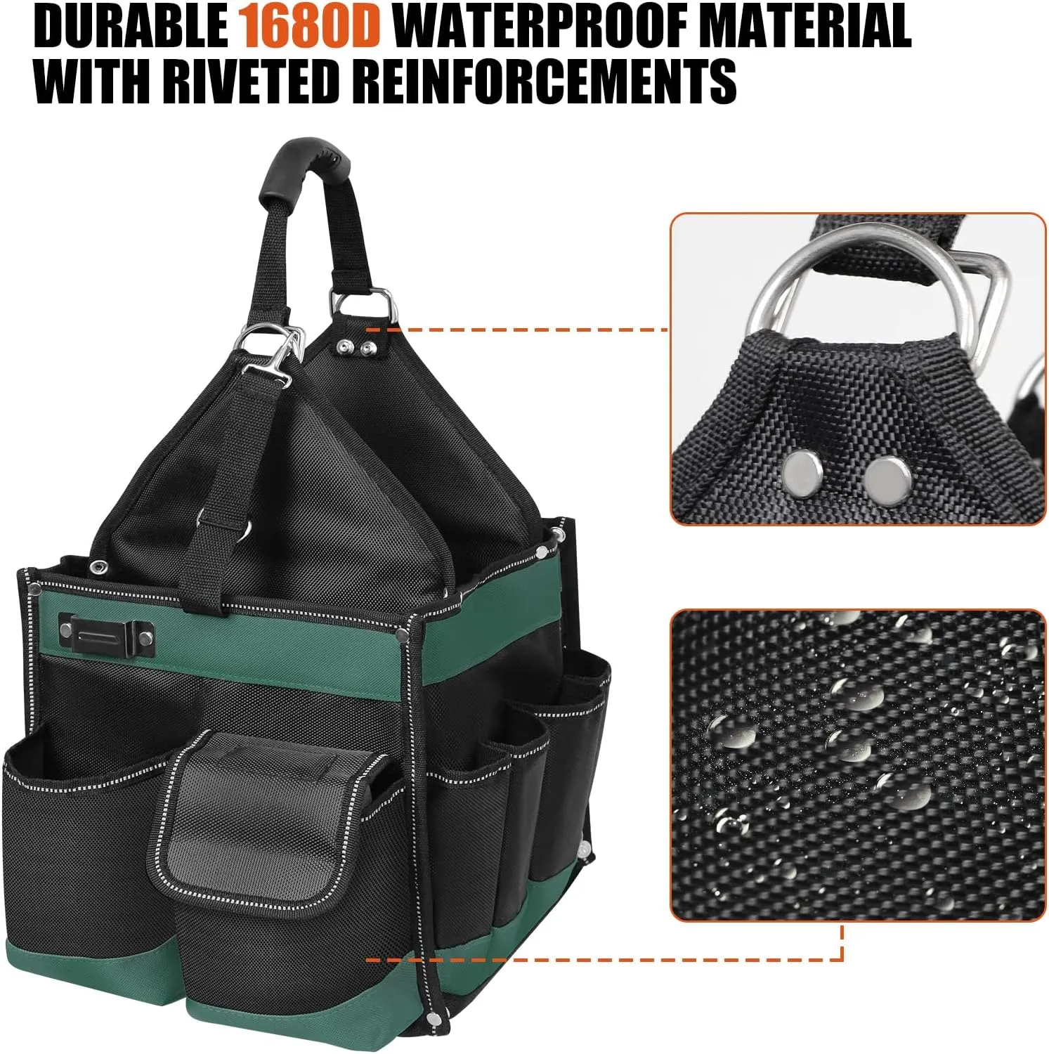 Electrician Tool Tote Bag 15 Inch – 25L Open Top Tool Tote with 22 Pockets, Shoulder Strap, Reflective Strips, 1680D Waterproof Fabric, Small Tool Bag Organizer for Men, Heavy Duty, Green