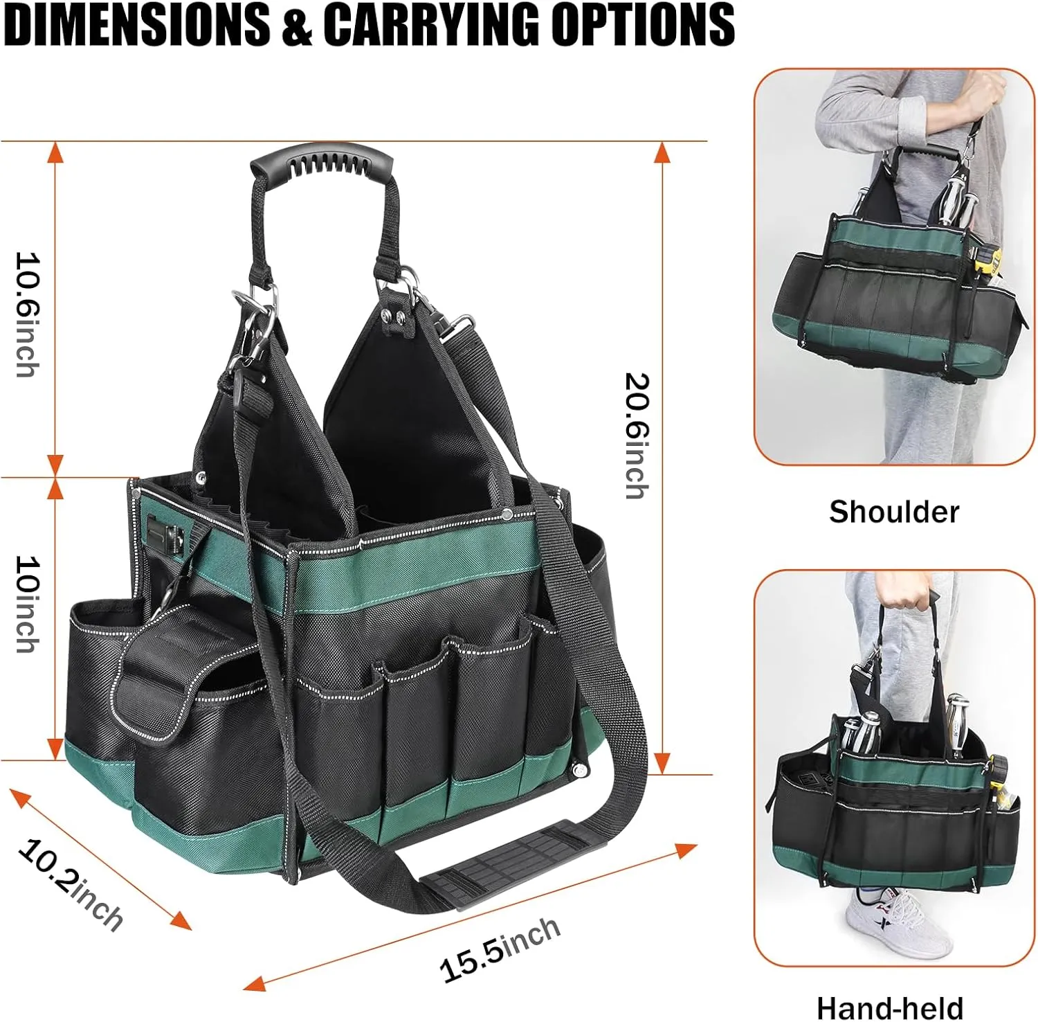 Electrician Tool Tote Bag 15 Inch – 25L Open Top Tool Tote with 22 Pockets, Shoulder Strap, Reflective Strips, 1680D Waterproof Fabric, Small Tool Bag Organizer for Men, Heavy Duty, Green