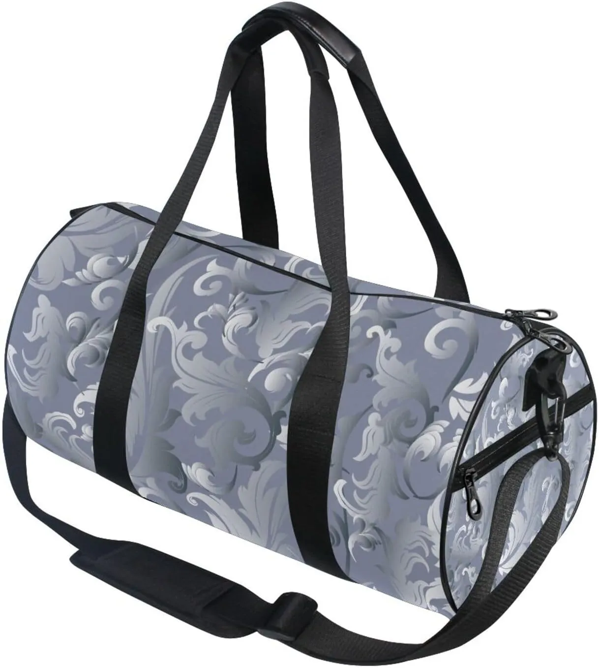 Elegant light Grey White Medieval Baroque Vintage Antique Damask Portable Gym Bag, Travel Bag, Luggage bag, Sports Bag, Toiletry Bag with Handles, Detachable Shoulder Strap 17.6 x 9 x 9 inch
