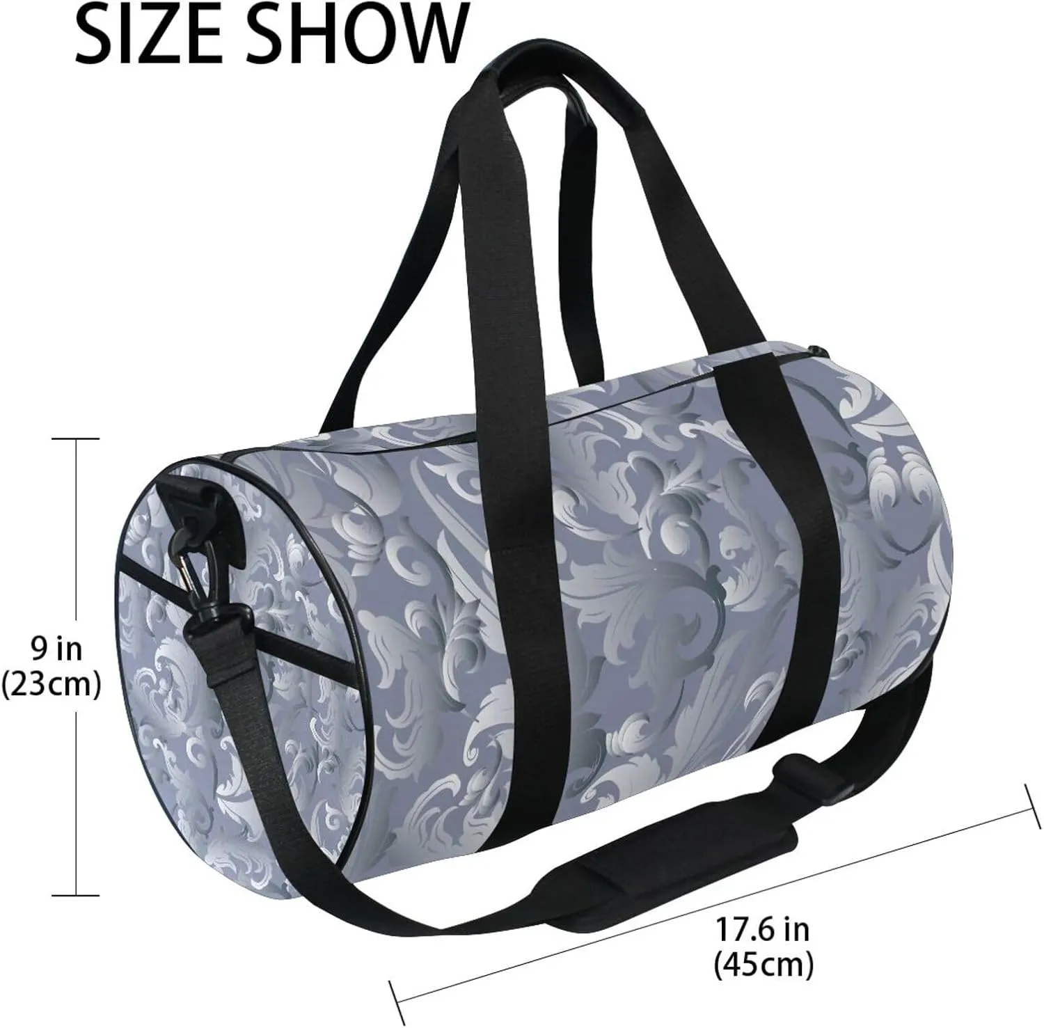 Elegant light Grey White Medieval Baroque Vintage Antique Damask Portable Gym Bag, Travel Bag, Luggage bag, Sports Bag, Toiletry Bag with Handles, Detachable Shoulder Strap 17.6 x 9 x 9 inch