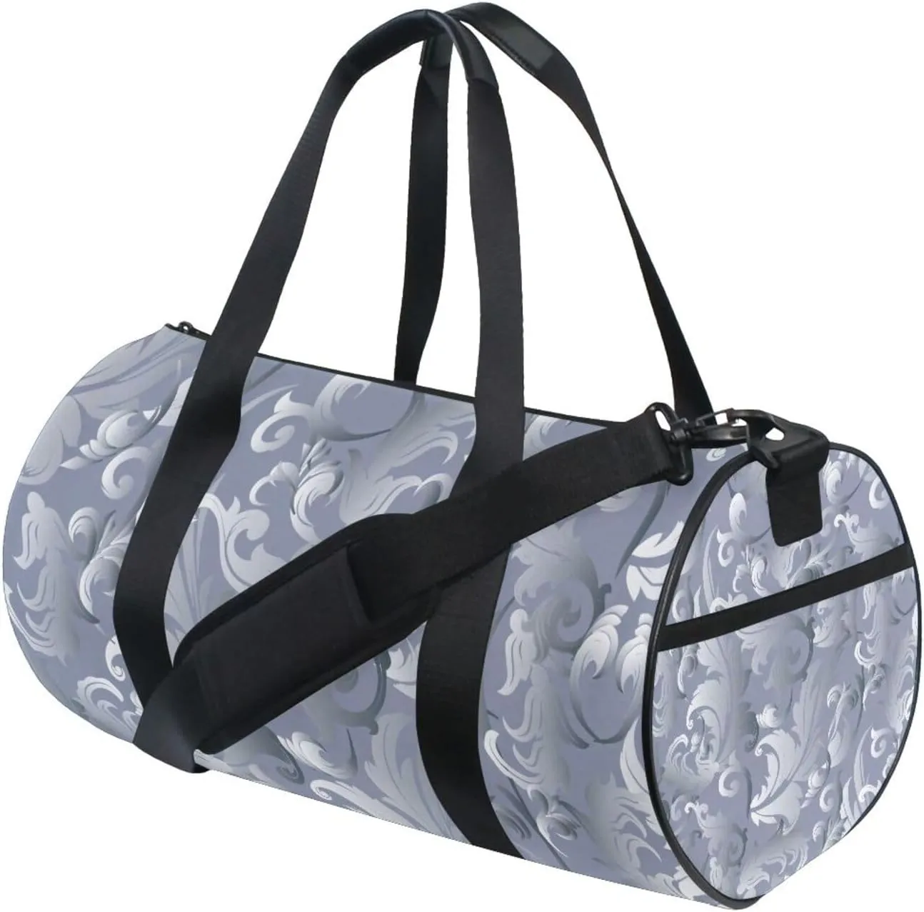 Elegant light Grey White Medieval Baroque Vintage Antique Damask Portable Gym Bag, Travel Bag, Luggage bag, Sports Bag, Toiletry Bag with Handles, Detachable Shoulder Strap 17.6 x 9 x 9 inch