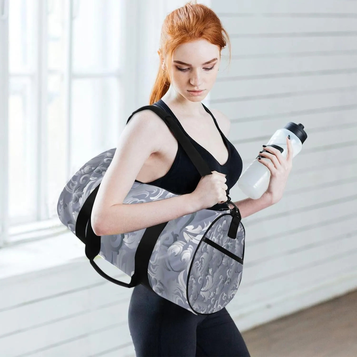 Elegant light Grey White Medieval Baroque Vintage Antique Damask Portable Gym Bag, Travel Bag, Luggage bag, Sports Bag, Toiletry Bag with Handles, Detachable Shoulder Strap 17.6 x 9 x 9 inch